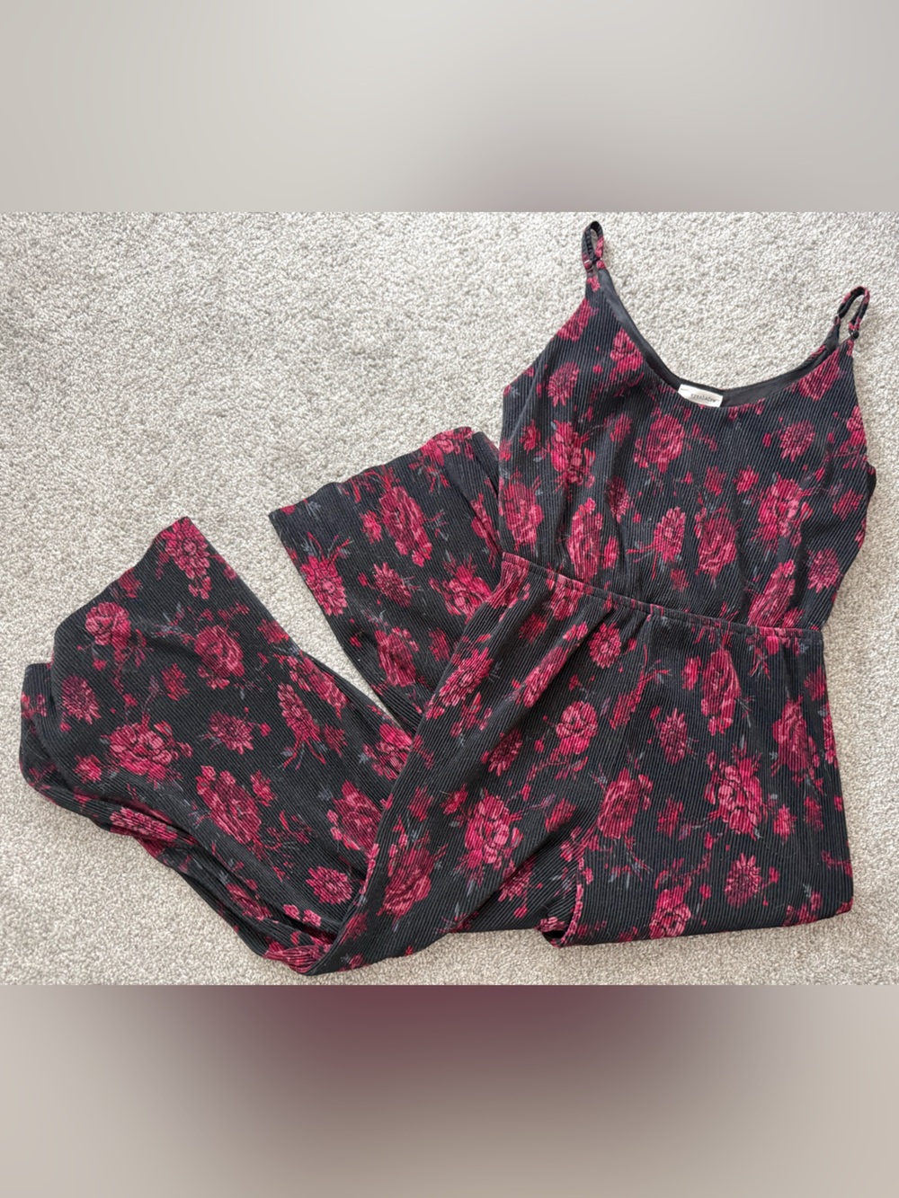 Floral Ribbed Cami Jumpsuit in Dark Pink on Black